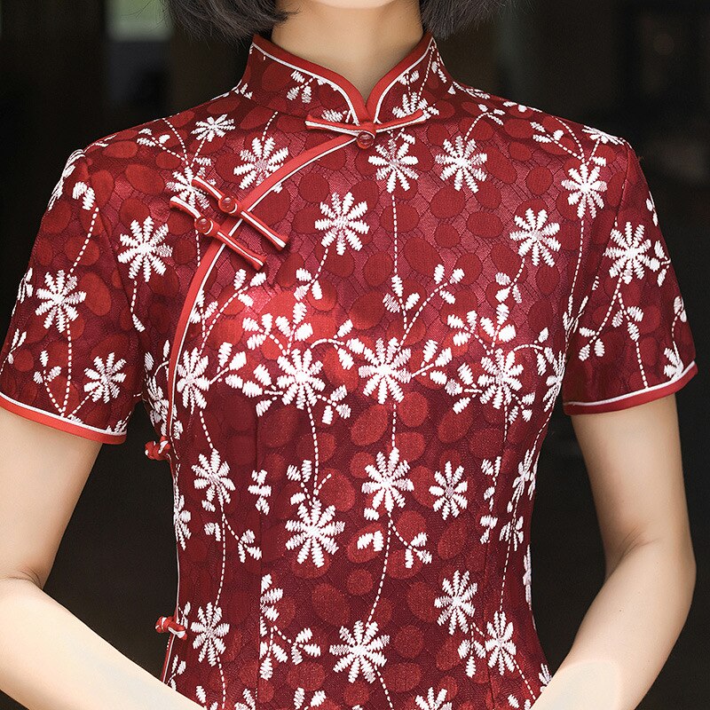 Autumn Printed Lace Qipao Chinese Dress Short Sleeve Knee Length Cheongsam Dress Chinese Traditional Dresses