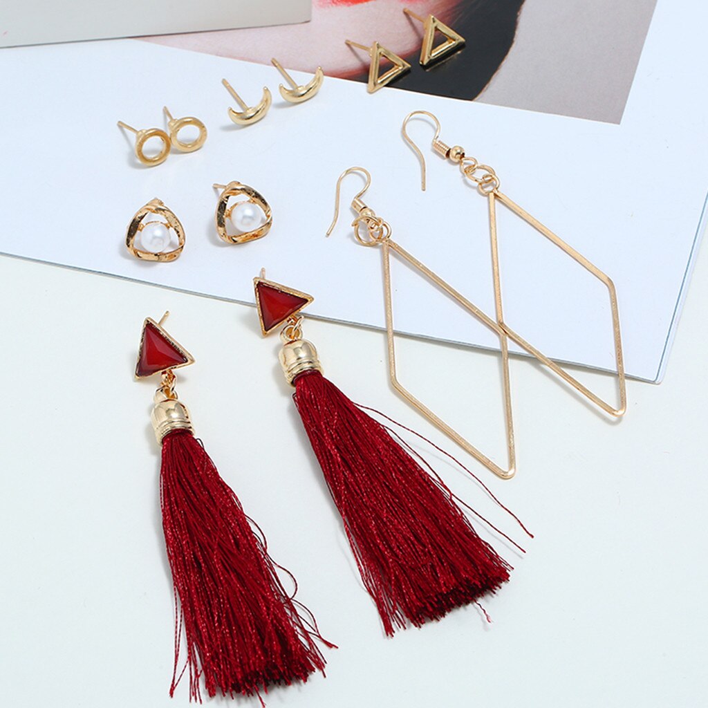 Simple 6PC Long Earrings Tassel Pearl Metal Earings Jewelry Ladies Jewelry