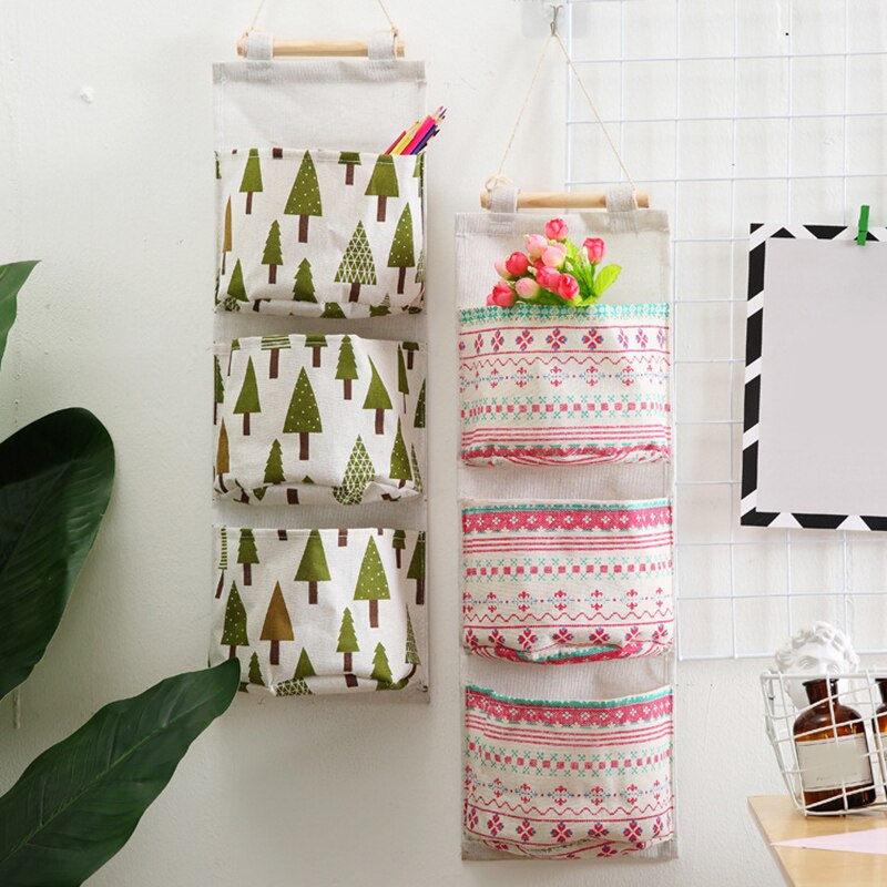 Wall Mounted Storage Bag with 3 Pockets Linen Fabric Waterproof Wall Door Closet Hanging Organizer for Bedroom Bathroom NIN668