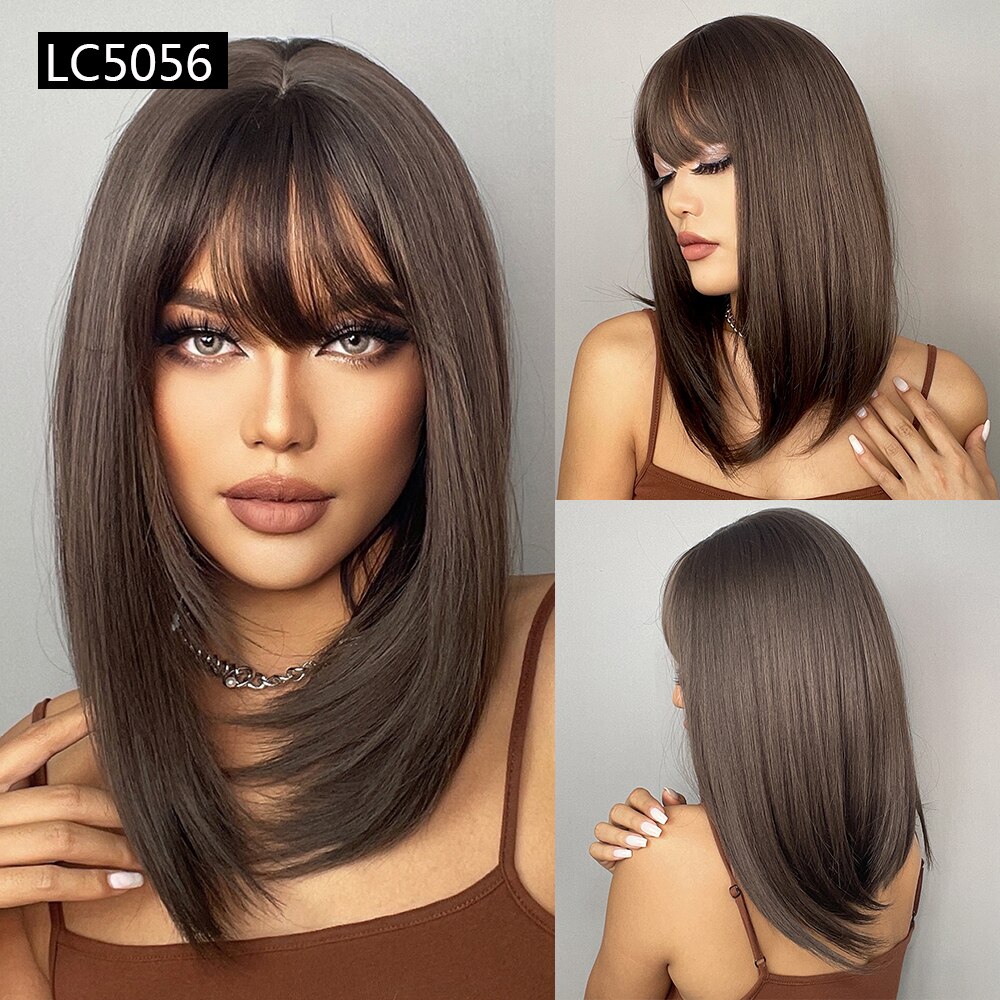Element Synthetic Short Straight Bob Wigs for White/Black Women Ombre Brown Blonde Cosplay Party or Daily Wigs with Bangs: lc5056