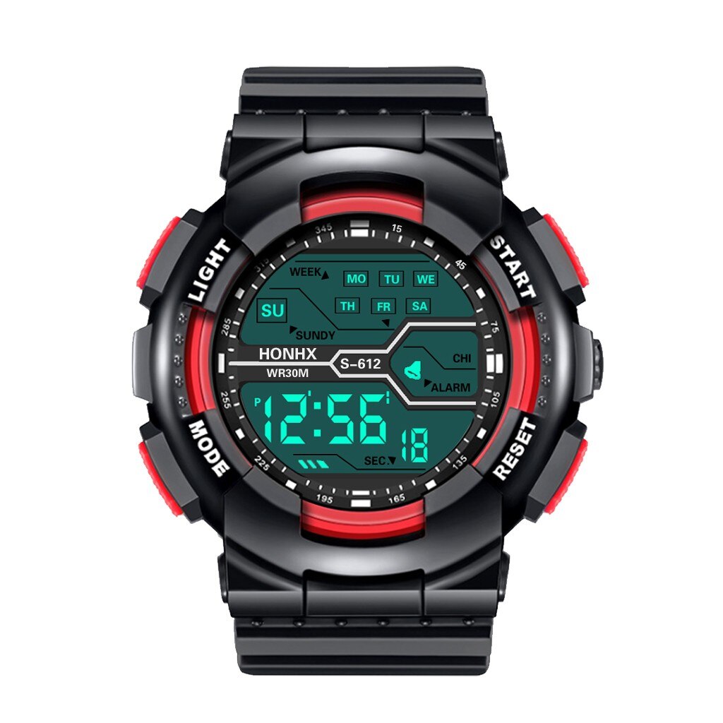 Imperméable à l'eau hommes garçon LCD chronomètre numérique Date caoutchouc Sport montre-bracelet haut de gamme montres à Quartz de luxe Relogio Masculino: Watermelon Red 