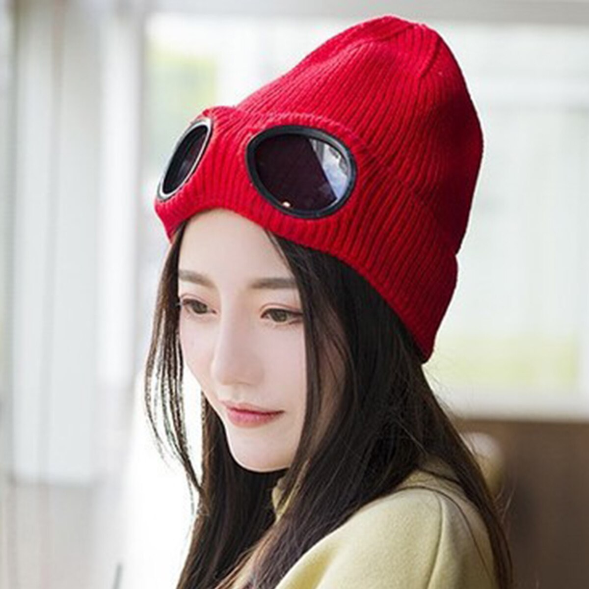 Dobbelt brug fortykket vinterstrikket hat varm beanies skullies skihue med aftagelige briller til mænd kvinder hue: Rød