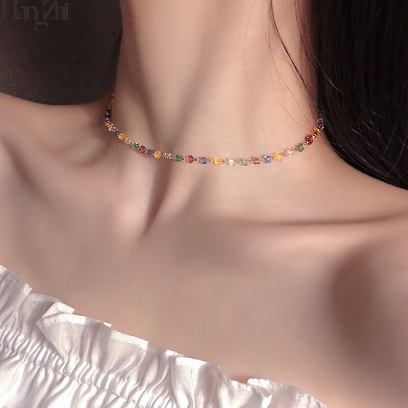 HangZhi Japan Korea Colorful Small Transparent Crystal Square Beaded Necklace Short Choker for Women Jewelry