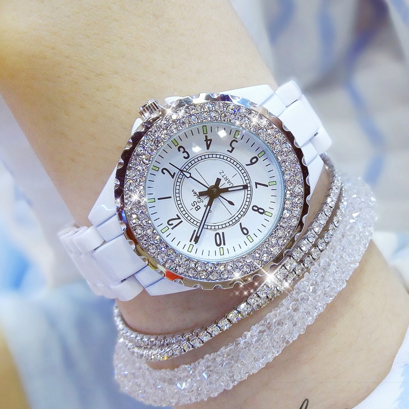 Bs Ceramic Watch Women Famous Brand Dress Female Wristwatch White Women Wrist Watches Rhinestone Clock