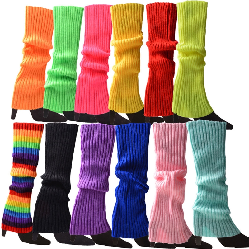 Women 80s Fluorescent Neon Colored Knit Leg Warmers Ribbed Crochet Bright Footless Socks Stockings Halloween Dance Party