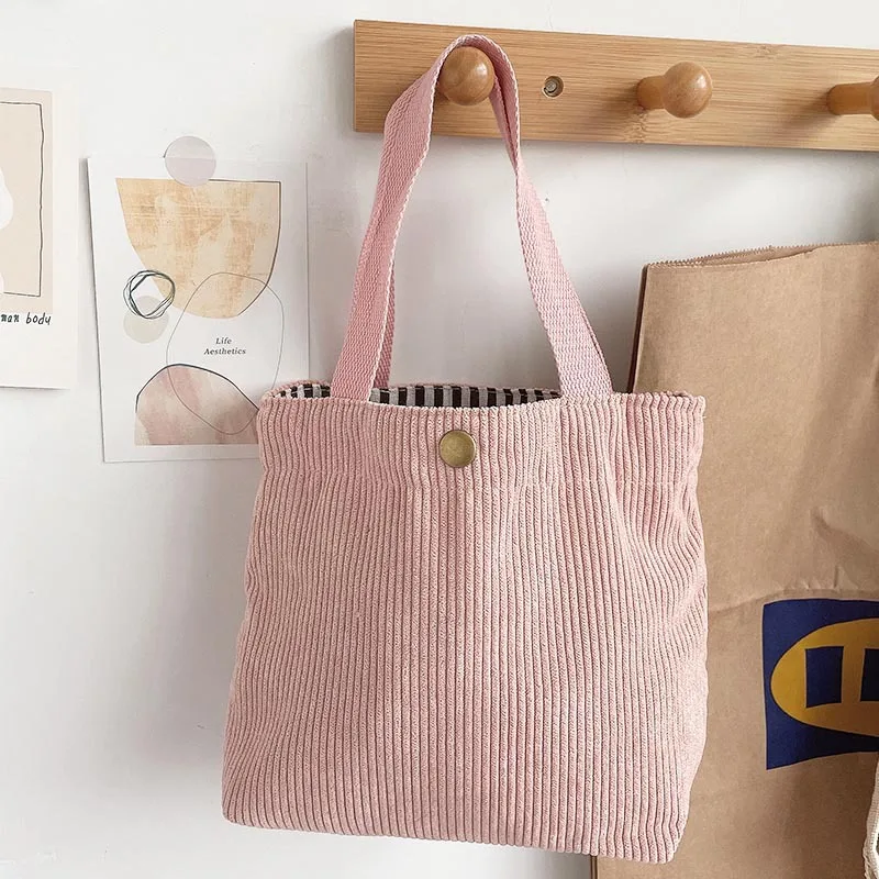 Lunchtas Corduroy Canvas Lunchbox Trekkoord Picknick Tote Eco Katoenen Doek Kleine Handtas Diner Container Voedsel Opbergzakken: Roze