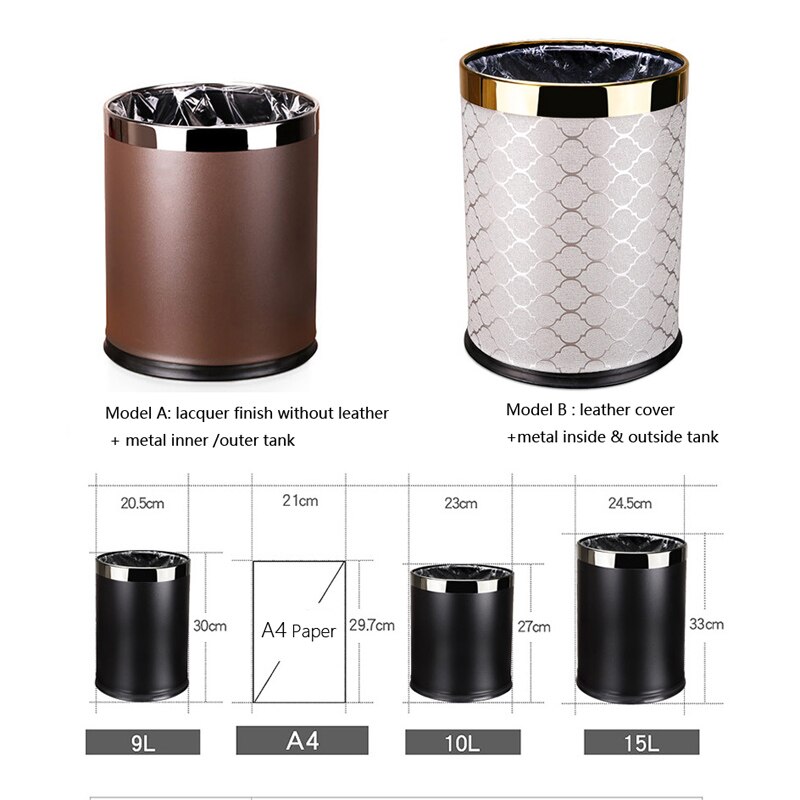 Metal Trash Can Home Office Wastebaskets , Double Layer 10L 14L Open Top Round Gabarage Can for Bathroom Kitchen Hotel Waste Bin
