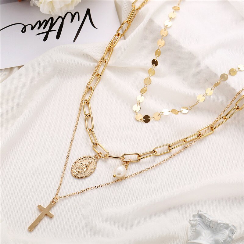 KSRA Bohemia Vintage Geometric Pearl Necklace For Women Gold Moon Star Cross Chain Pendant Necklaces Boho Jewelry