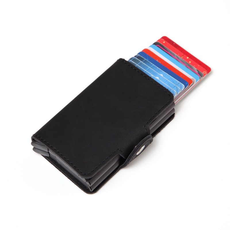 Cartera doble de aluminio para hombre, tarjetero de cuero para tarjetas de crédito RFID, billetera de Metal automática saliente, monedero antirrobo, tarjetero de negocios: Crazy horse  black
