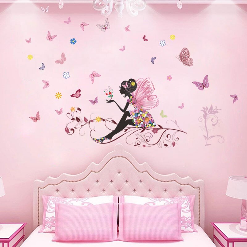 Cartoon Butterfly Flower Fairy 50*70cm Wall Decals Kids Rooms Home Decor Diy Wall Stickers Mural Art Pvc Posters