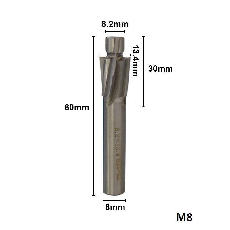 1pc M3.2-M16.5 HSS Counterbore End Mill CNC Machine Router Bit 4 Flutes Engraving Bit Counterbore Milling Cutter: M8.2