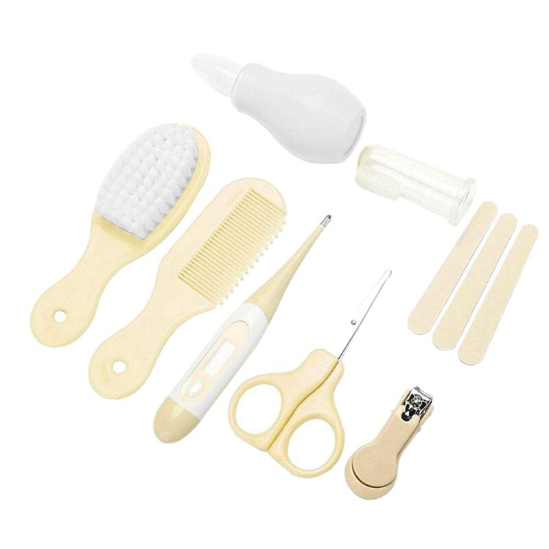 2 Set Baby Care Kit,Nail Clipper Manicure Scissors Nose Cleaner Hair Brush Bathing Tool-Blue & Yellow