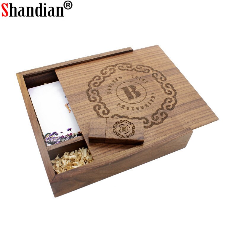 Shandian 1 stuks gratis logo walnoot foto uniek album hout usb + doos geheugenstick pendrive 8gb fotografie trouwstudio 170*170*35mm