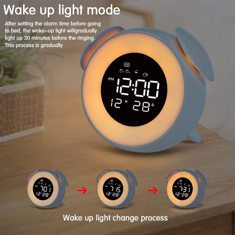 Kids Alarm Clock Press Control Night Light for Bedrooms, Multiple Alarm Sounds Sunrise and Sunset Simulation, Snooze Function Wa
