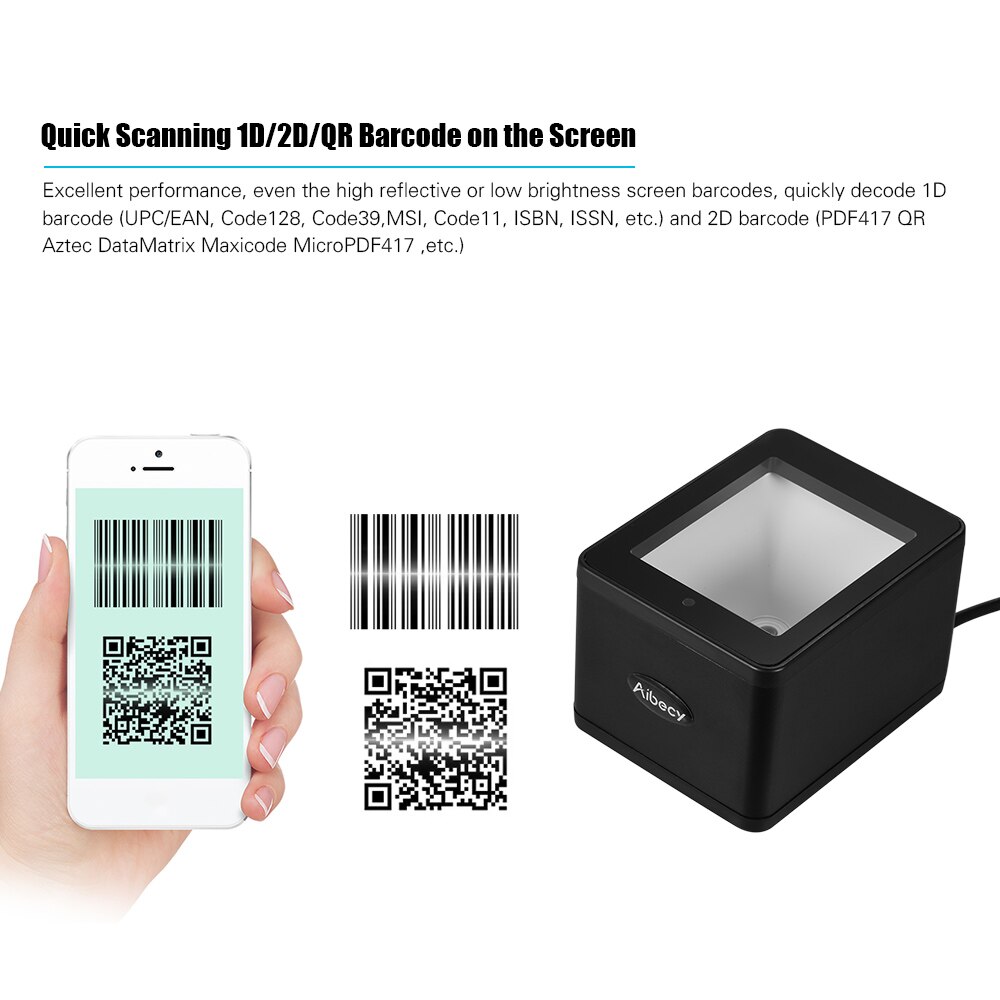 Aibecy YHD-9800 1D/2D/Qr Barcode Scanner Desktop Usb Bedrade Bar Code Reader Cmos Sensor Hand-Gratis voor Mobiele Betaling
