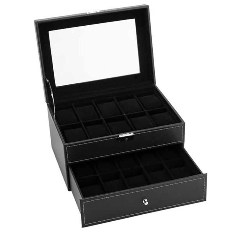 Watch Box 20 Mens Case Glass Top Display Organizer Lockable Black Home Storage ANd Organization