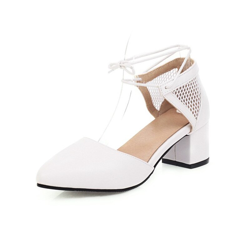 PXELENA Rome Cross Strap Gladiator Sandals Lady Chunky Med Heels Women Summer Shoes White Black Mesh Office Lady Daily Plus Size: White PU / 4.5