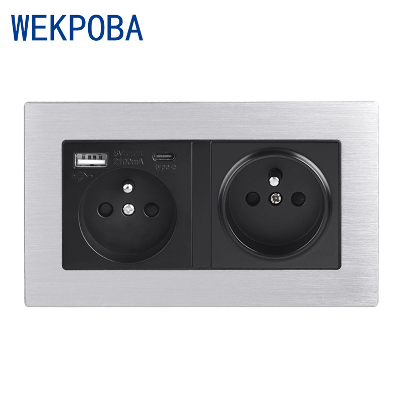 Wekpoba L1 Serie Geborsteld Aluminium Metaal Zilver Zwart Panel Franse Standaard Stopcontact Met Type-A &amp; Type-C Usb-poort Opladen