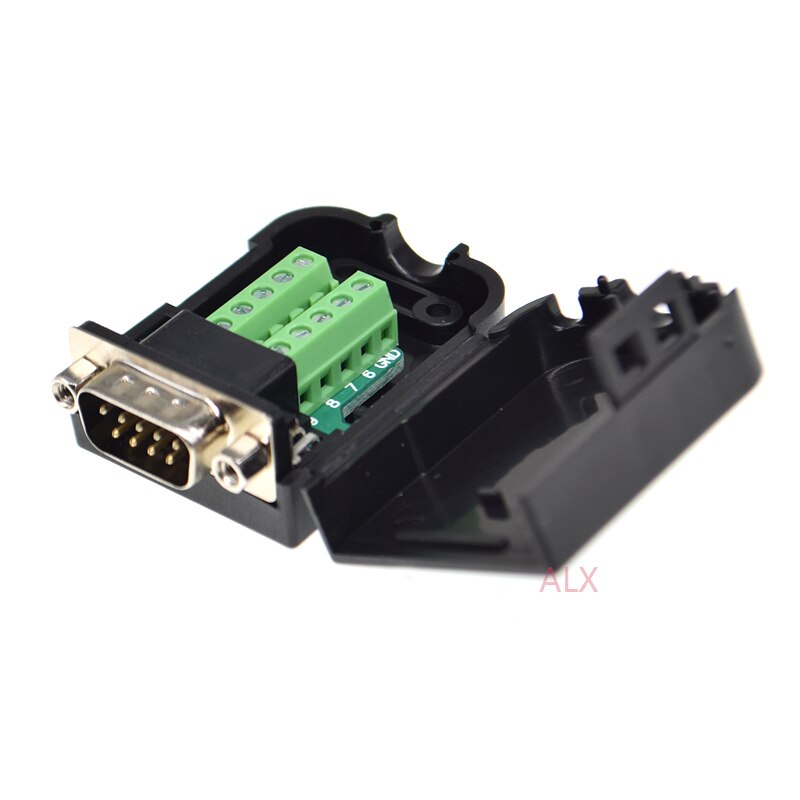 1PCS DB9 9PIN male plug serial port connector terminal adapter with black shell D-SUB COM RS232 RS485 wire cable free solder