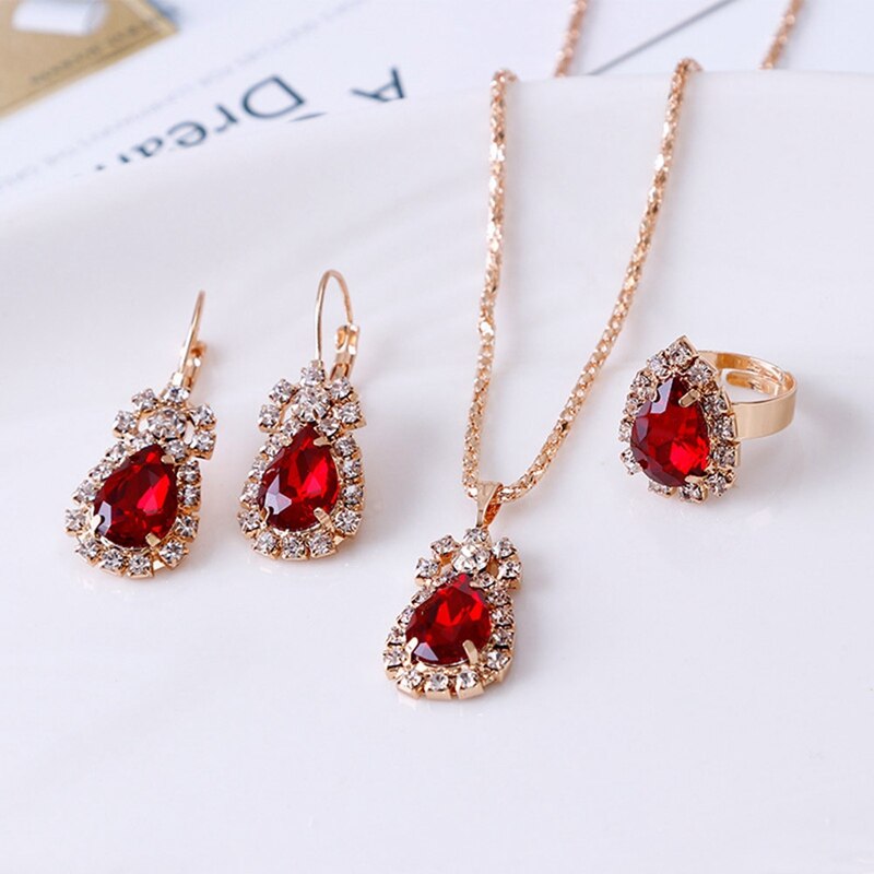 3Colors Jewelry Sets Hoop Earrings Water Earrings Red Jewelry Set Rhinestones For Women Pendant Necklace/Earrings/Rings