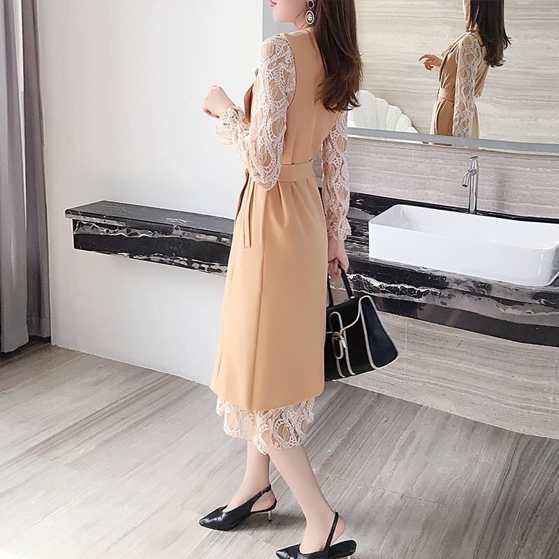 Spring Two Piece Set Women Clothes Full Sleeve Slim Lace Dress And Sleeveless Long Coat With Belt Vogue OL Style Suit