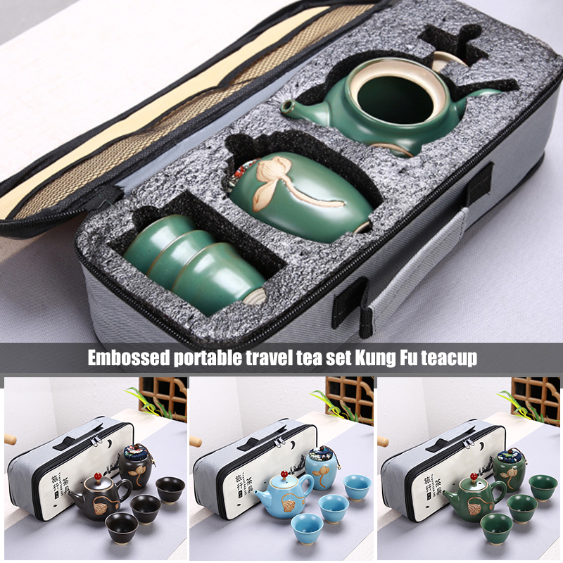Portable Chinese Tea Set Ceramic Teapot Leaves Jar 3 Porcelain Tea Cups with Carrying Case FQ-ing