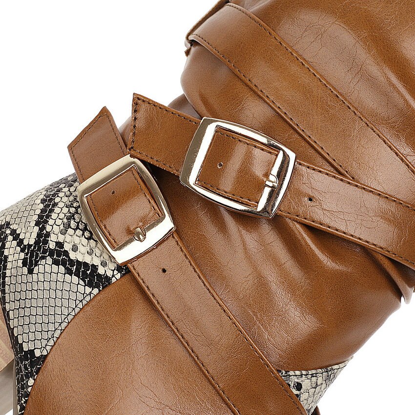 Qutaa slangeskind pu læder blandet farve mellemlæg støvler firkantet hæl efterår vinter spænde kvinder sko stor størrelse 34-43