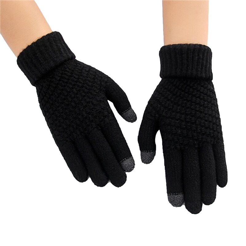 Winter touchscreen handschoenen dames heren warme stretch gebreide wanten imitatie wol lange vinger handschoenen dames haakwerk dikker: Zwart