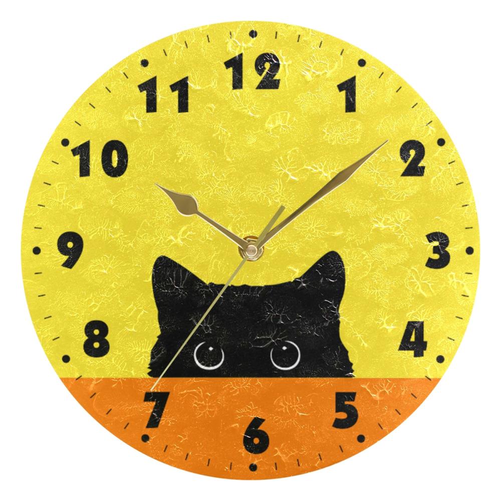 25cm Round Cat Face Hanging Wall Clock DIY Non Ticking Silent Wall Watch for Living Room Quiet Desk Clock Relogio De Parede: Item 2 Gold Needle