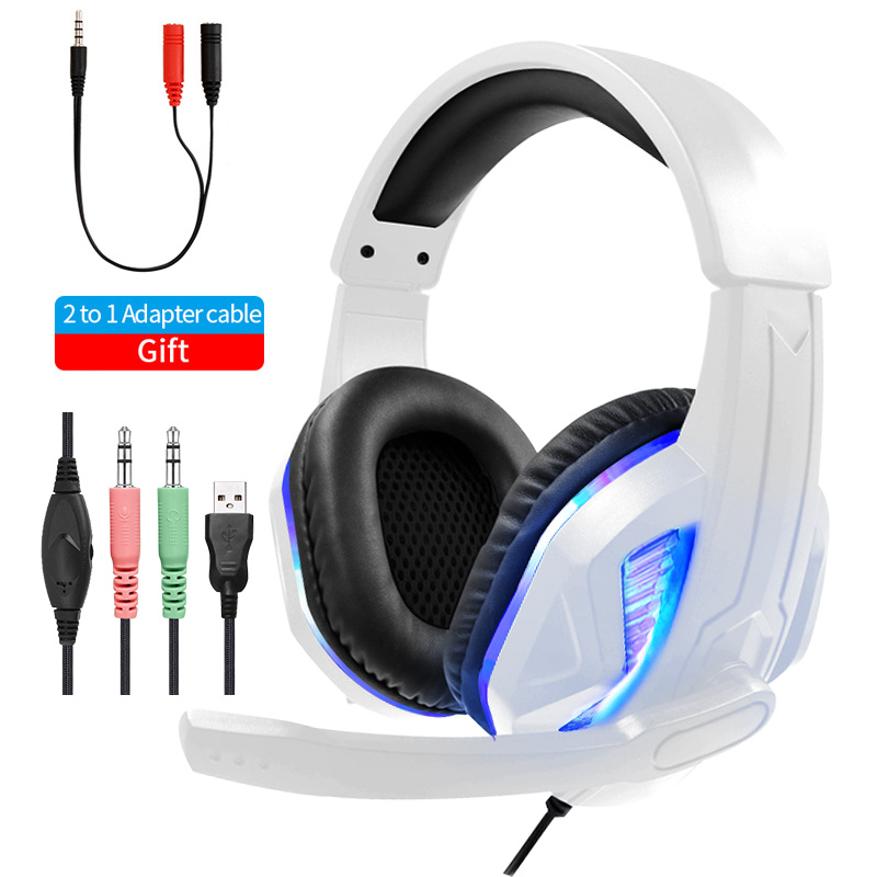 Écouteurs filaires LED avec Microphone, casque de jeu stéréo, pour PC, PS4, téléphone: PC white led