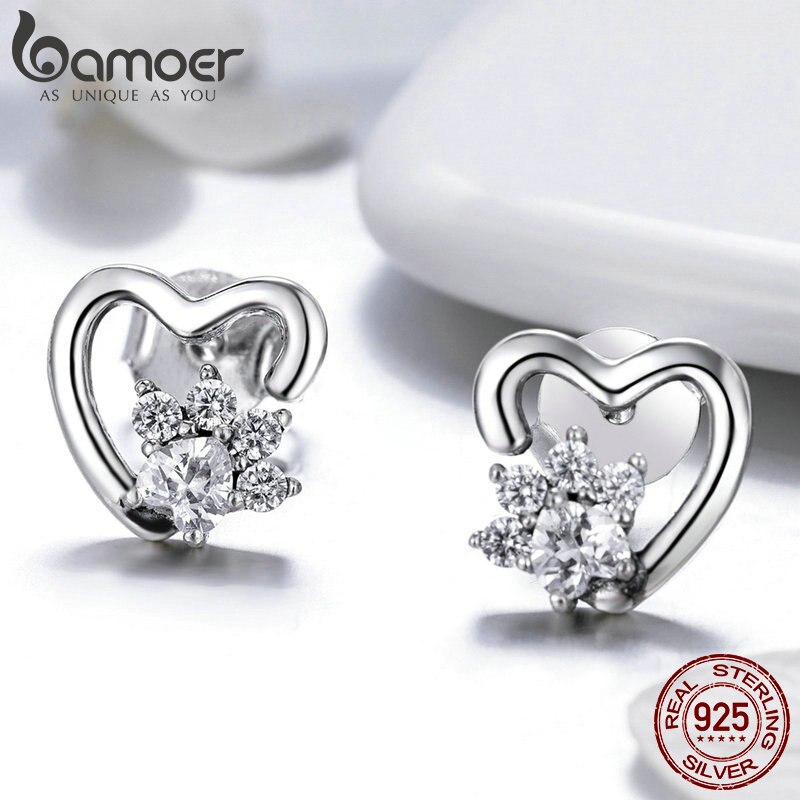 BAMOER 925 Sterling Silver Classic Heart Clear Cubic Zircon Stud Earrings for Women Sterling Silver Jewelry SCE415