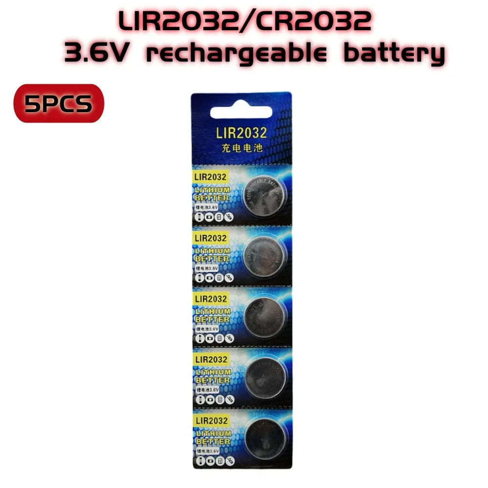 LIR2032 Rechargeable Battery 2032 Lithium charging Can Replace 3.6v 40mAH CR2032 for watches Coin Battery: black