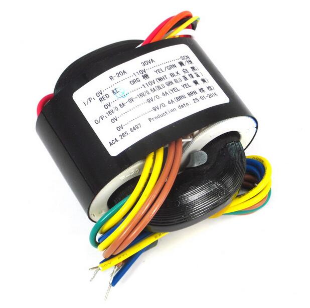 30W R-Core Transformer Input AC 0-110V*2 SCN(5 wires) Output AC 16V+16V(0.6A, 3 wires), AC 9V+9V(0.4A, 4 wire