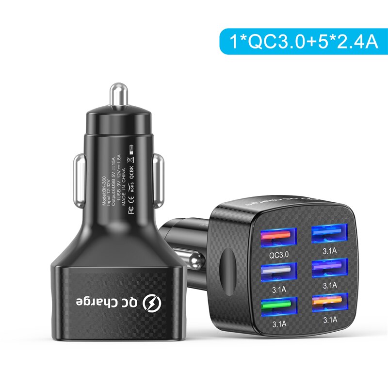 Lovebay Fast Charging Car Charger 75W 15A Multiple Ports Plug QC 3.0 Car Adapter USB LED Charger For Xiaomi Samsung Huawei Etc.: Black