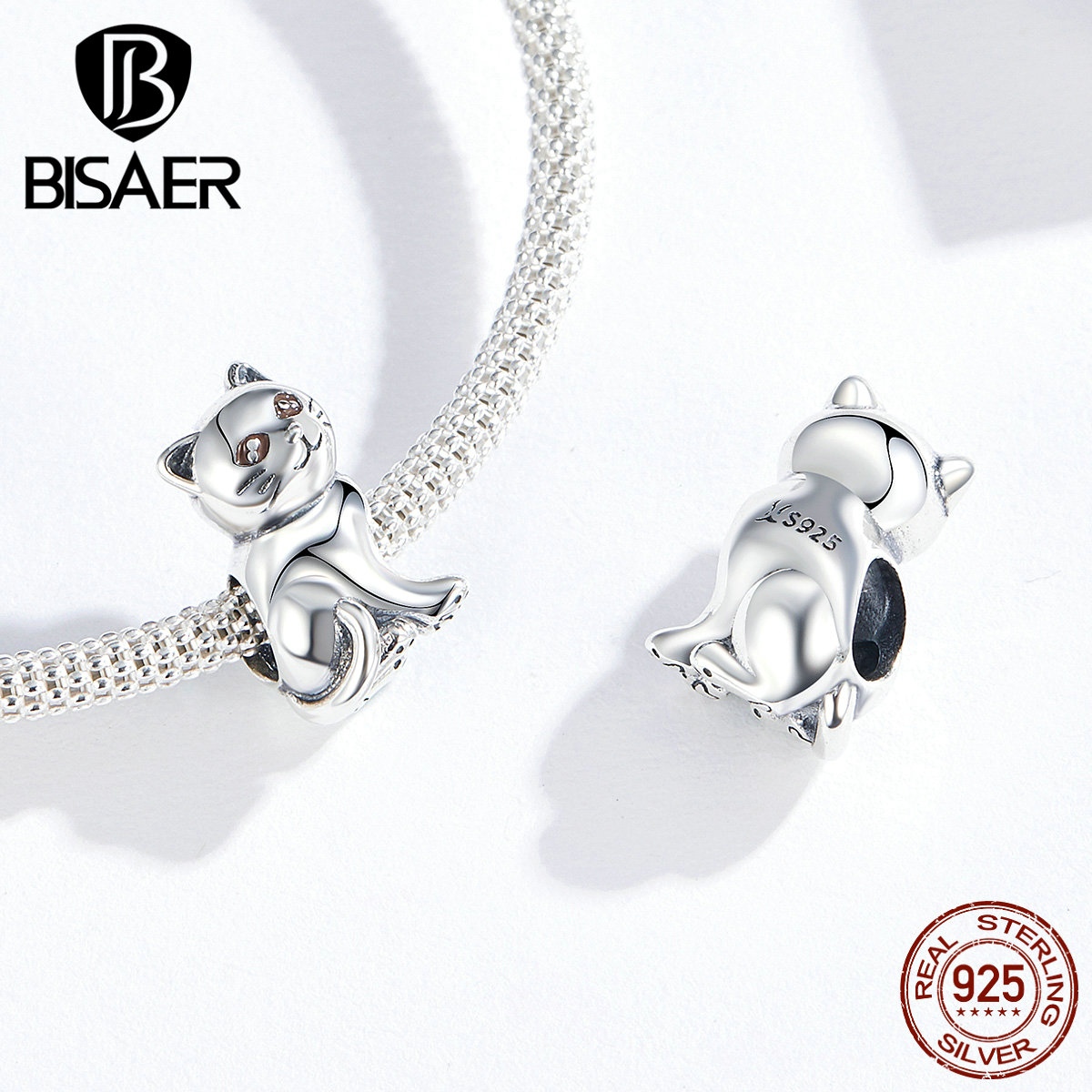 Breloques animaux BISAER 925 argent Sterling chat chatte chaton perles breloques ajustement bracelets porte-bonheur argent 925 bijoux ECC1305