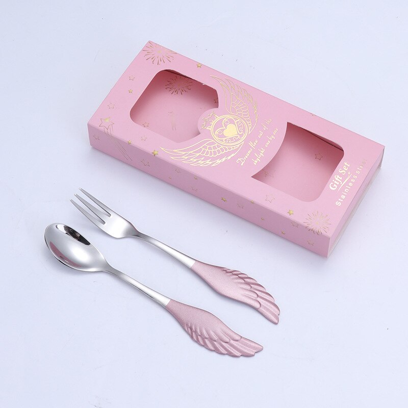 2 Pieces Dessert Spoon Fork 304 Stainless Steel Angel Wing Coffee Spoon Dessert Spoon Fruit Fork With Box: 05