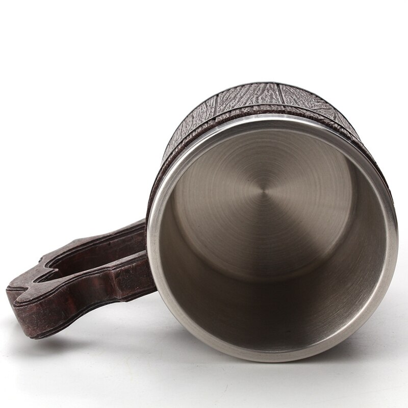 Wood Beer Mug 450Ml Simulation Wooden Barrel Mug Office General Resin Stainless Steel Liner Water Cup