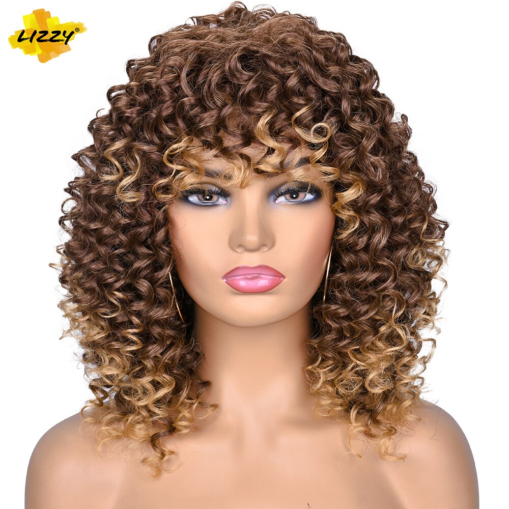 Kort Haar Synthetische Pruik Krullend Afro Pruiken Voor Zwarte En Witte Vrouwen Omber Lijmloze Natuurlijke Hoge Temperatuur Krullen 14Inch lizzy