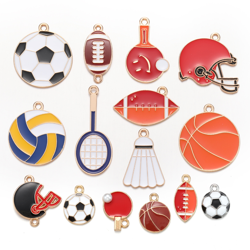 10 stuks geëmailleerde rugby-, voetbal- en badmintonracketbedeltjes voor armbanden, sleutelhangers, kettingen en sieraden, accessoires voor het maken van sieraden  w363: Blauw wit verzinkt