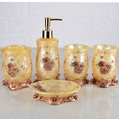 Beautiful butterfly floral 5PCS Resin Bathroom Accessories Set Soap Dispenser/Toothbrush Holder/Tumbler/Soap Dish white