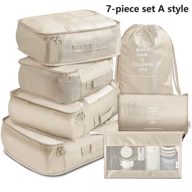7Pcs Travel Organizer Storage Bags Wardrobe Cube Suitcase Packing Cubes Set Storages Luggage Clothes Shoe Pouch Folding: Khaki