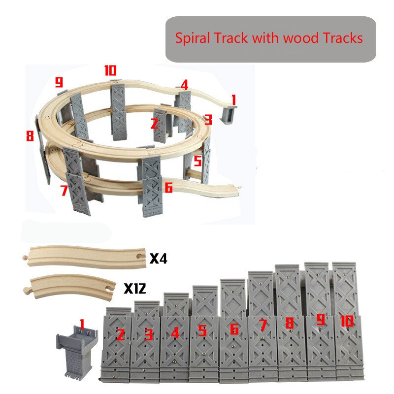 10Pcs Plastic Spiraal Tracks Trein Track Railway Accessoires Spoor Brug Pieren Met Houten Tracks Fit Thom Als Treinen