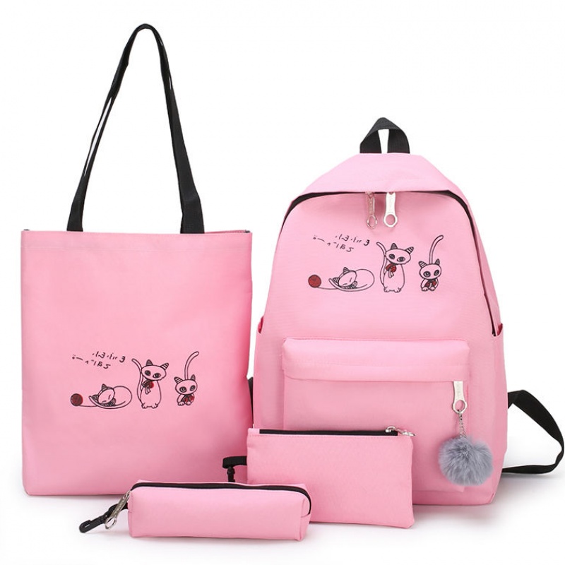 4 stk/sæt skoletaske elev rygsække til piger teenagere kvindelig taske sød tegneserie kat rygsække lærred taske rygsæk