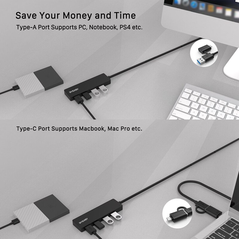 -BYEASY UH-109D USB Hub USB C Hub to USB 3.0 Hub with 4 Ports and 2 Ft Extended Cable Ultra Slim Portable USB Splitter