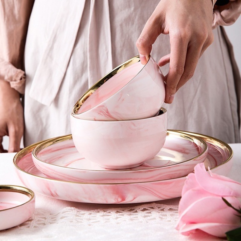 Pink marbe porcelæn middagsplader frokost plader frugtsalat dyb plade bordservice bryllup dekoration køkken tilbehør