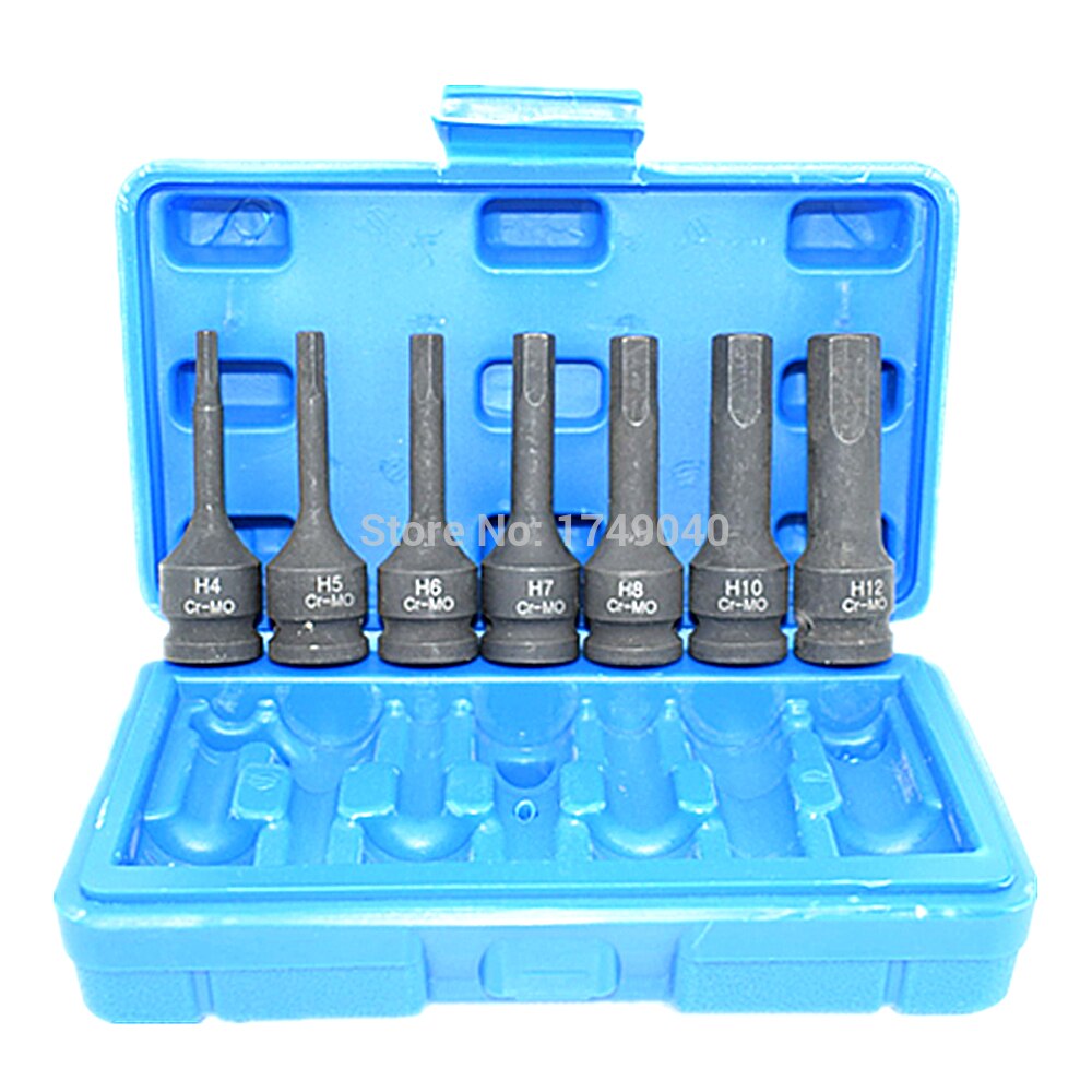 7pc slag zeskant bit doppenset 3/8 " vierkante aandrijving lucht impact inbussleutel bit dop cr -mo 60mm lange zeskantkop  h4 h5 h6 h7 h8 h10 h12