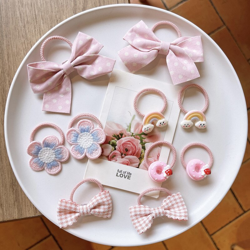 10 stücke Koreanische Süße Kawaii Baby Mädchen Elastische Haar Bands Stoff Blumen- Bogen Haar Seil für freundlicher Kleine Mädchen Haar zubehör: 10Stck Regenbogen