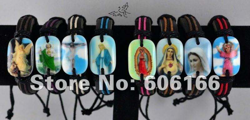 24 stk / lot mix hellig ikon hellige jesus engel jomfru mary armbånd læder id armbånd religiøse smykker