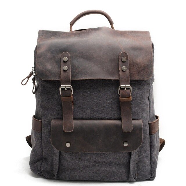 laptop men&#39;s backpack waxed canvas Backpack Vintage Canvas Backpack Leather School Bag Neutral Portable Wearproof Travel Bag: gray