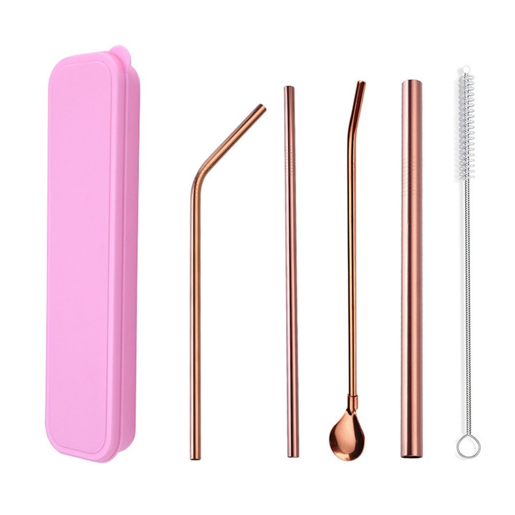 Set van 4 herbruikbare drinkrietjes van roestvrij staal, recht gebogen, breed melkrietje, pipetlepelset met reinigingsborstel en etui: Set 3